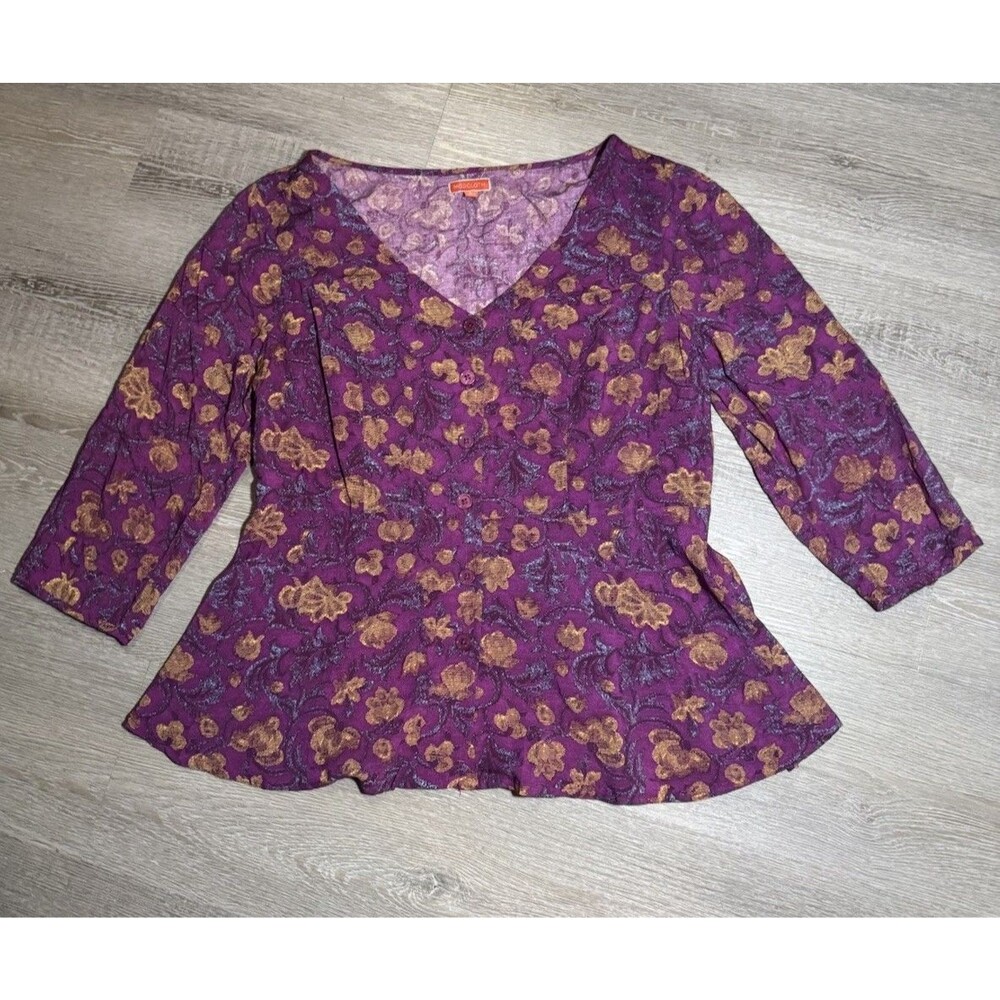 Modcloth Women's Boho Purple Yellow Floral Print Button Front Tie Blouse Size M